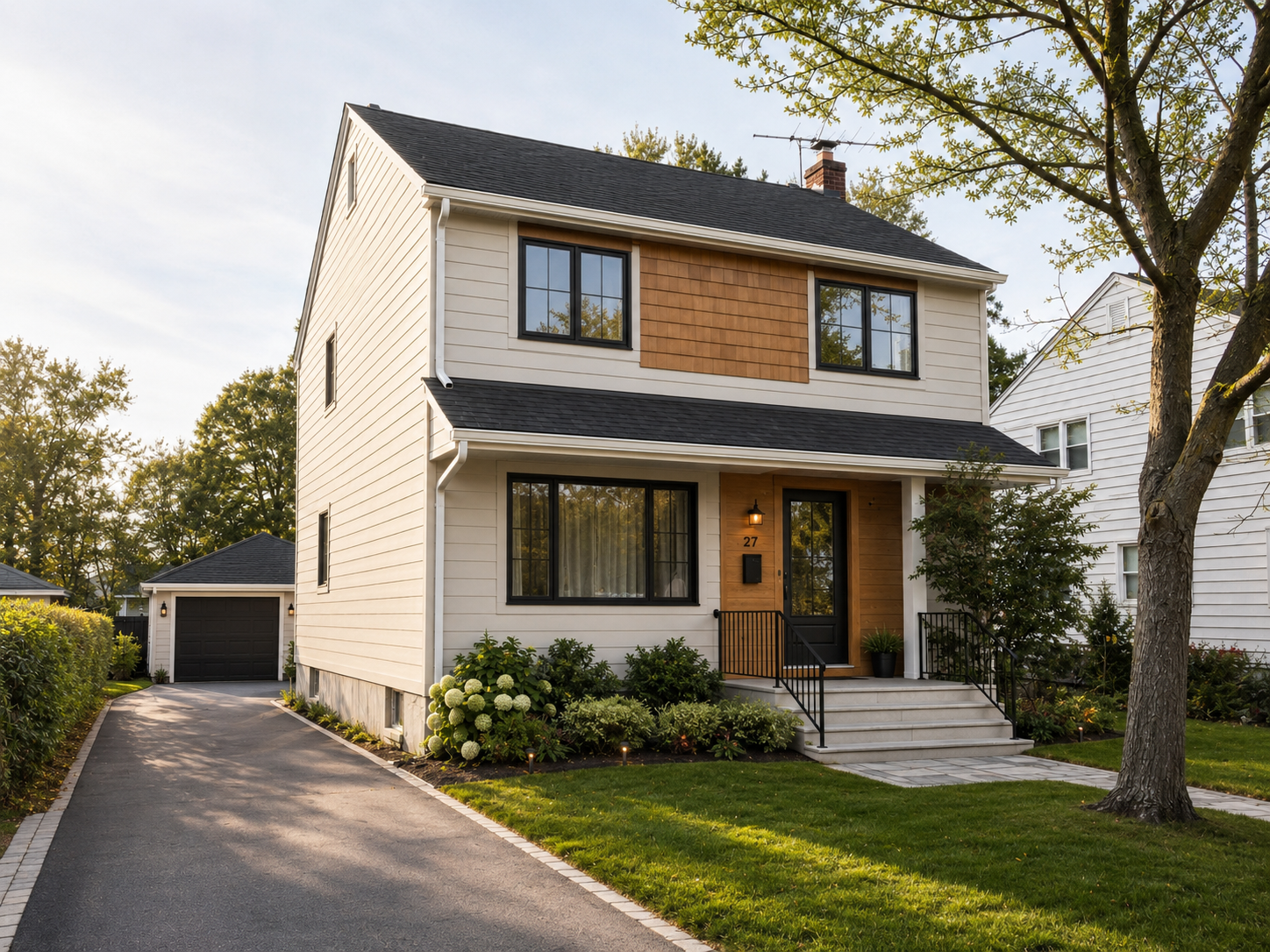 The same home after renovation with charcoal fiber-cement siding, wood accents, a new dark roof and black-framed windows