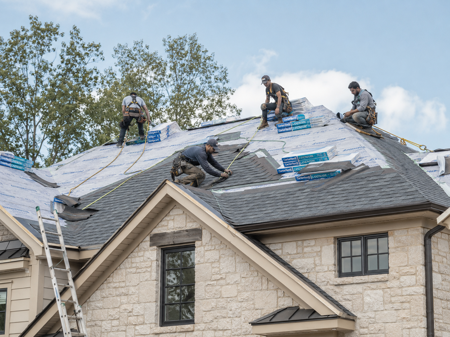 Roofing crew in safety harnesses installing underlayment and shingles on a residential roof