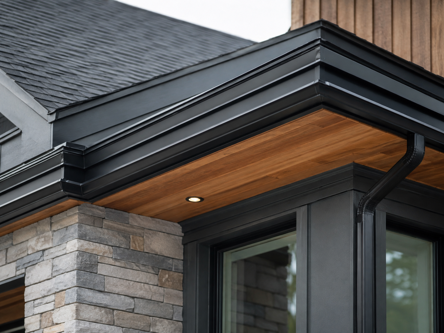 Close detail of a roofline showing crisp shingle courses, metal flashing and fascia trim