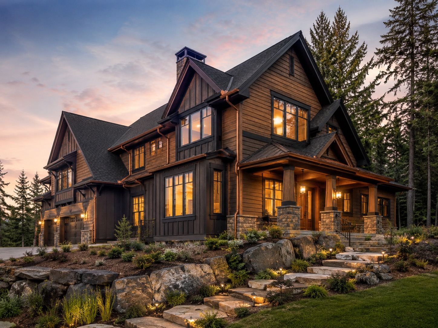 Craftsman-modern hillside residence with cedar shake siding, steep dark roof and copper gutters