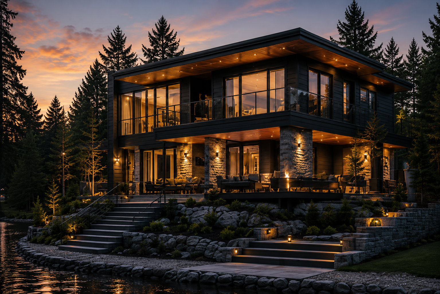 Contemporary riverside home with dark metal roofline, warm wood siding and floor-to-ceiling windows
