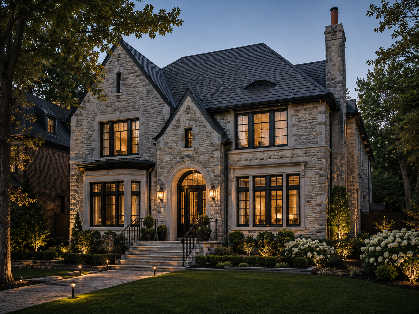 Restored century brick and clapboard home with white trim, dark roof and new black-framed windows